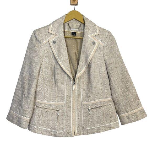 WHBM Tweed Moto Jacket Blazer Womens 6 Beige Zipper Preppy Career Office Neutral - Picture 1 of 8